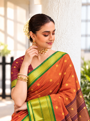 Orange zari woven silk blend traditional saree with blouse 2