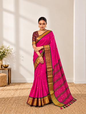 Pink zari woven silk blend traditional saree with blouse 1