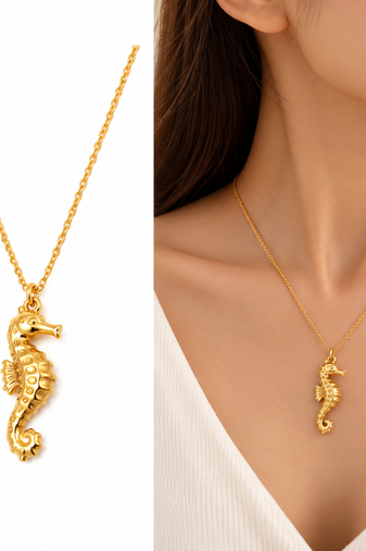 Anti-Tarnish Golden Seahorse Charm Pendant Necklace – Elegant Ocean-Inspired Designer Neck Chain