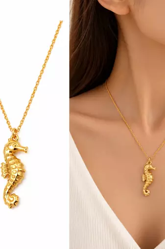 Anti-Tarnish Golden Seahorse Charm Pendant Necklace – Elegant Ocean-Inspired Designer Neck Chain