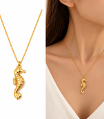Anti-Tarnish Golden Seahorse Charm Pendant Necklace – Elegant Ocean-Inspired Designer Neck Chain