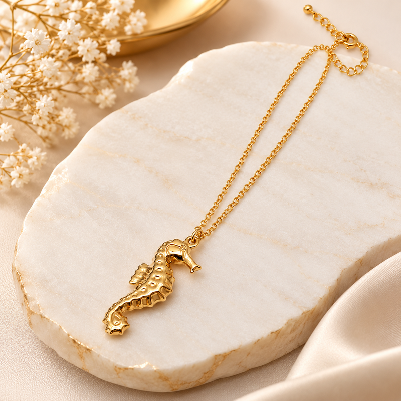 Anti-Tarnish Golden Seahorse Charm Pendant Necklace – Elegant Ocean-Inspired Designer Neck Chain
