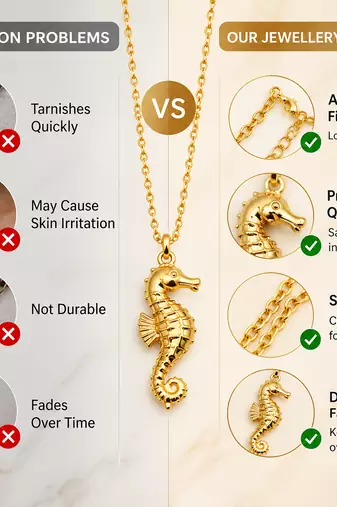 Anti-Tarnish Golden Seahorse Charm Pendant Necklace – Elegant Ocean-Inspired Designer Neck Chain