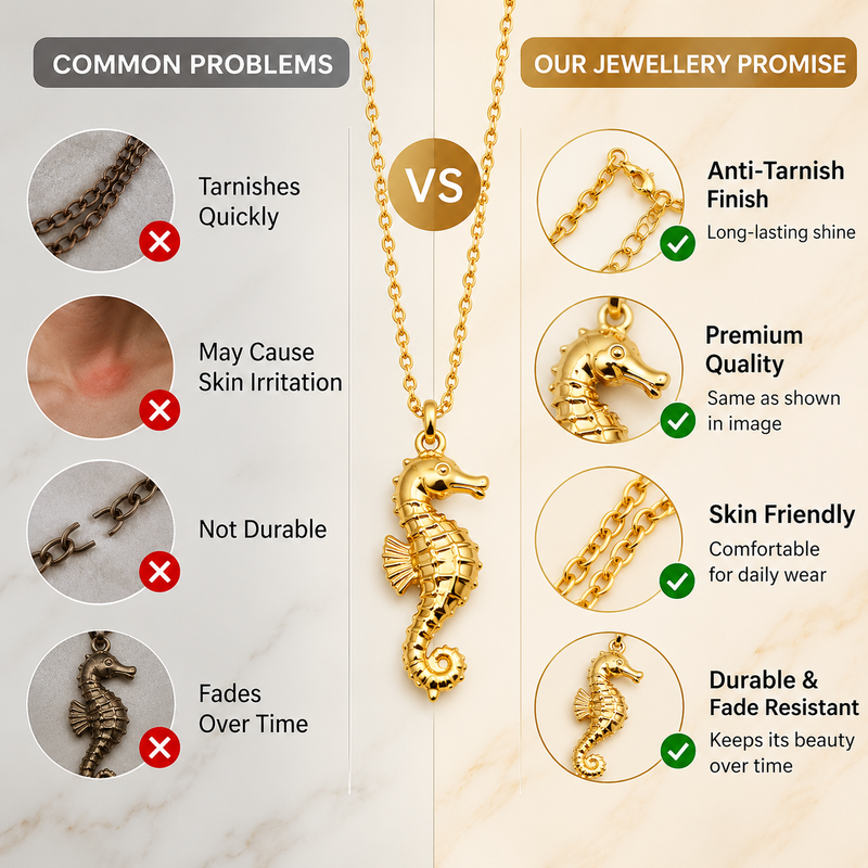 Anti-Tarnish Golden Seahorse Charm Pendant Necklace – Elegant Ocean-Inspired Designer Neck Chain