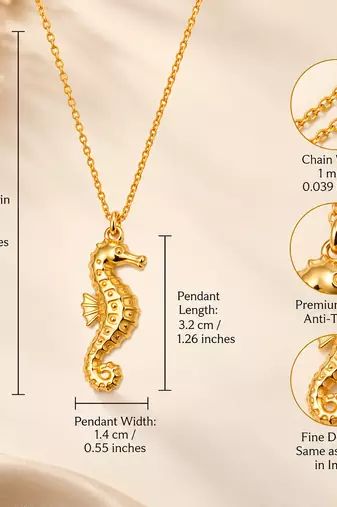 Anti-Tarnish Golden Seahorse Charm Pendant Necklace – Elegant Ocean-Inspired Designer Neck Chain