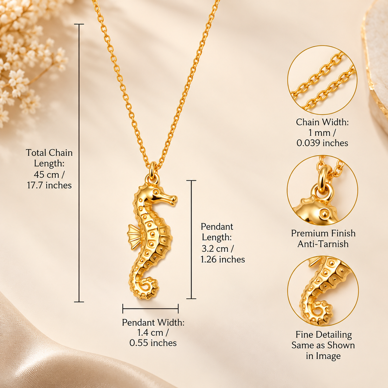 Anti-Tarnish Golden Seahorse Charm Pendant Necklace – Elegant Ocean-Inspired Designer Neck Chain