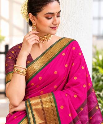 Pink zari woven silk blend traditional saree with blouse 2