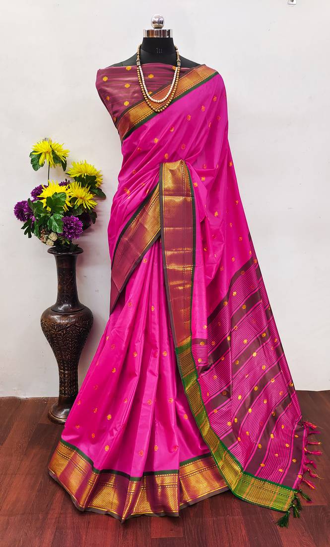 Pink zari woven silk blend traditional saree with blouse