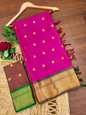 Pink zari woven silk blend traditional saree with blouse 5