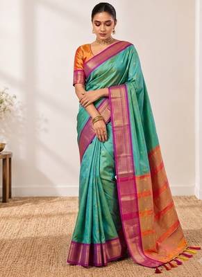 Rama green zari woven silk blend traditional saree with blouse 1