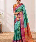 Rama green zari woven silk blend traditional saree with blouse