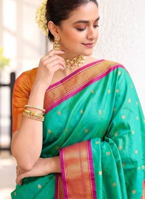 Rama green zari woven silk blend traditional saree with blouse 2