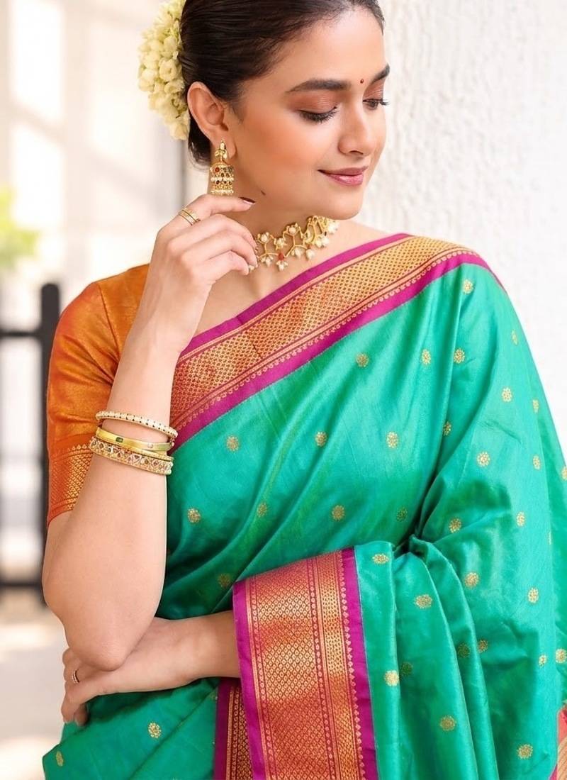 Rama green zari woven silk blend traditional saree with blouse