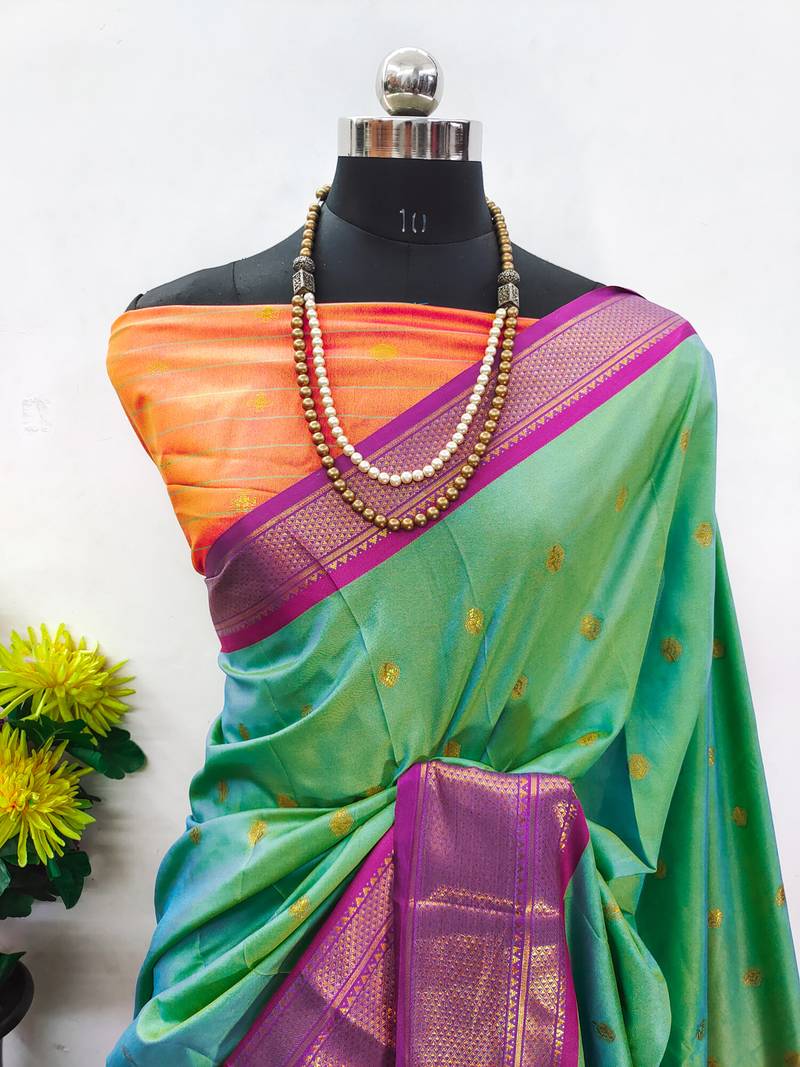 Rama green zari woven silk blend traditional saree with blouse