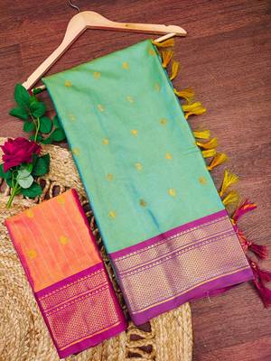 Rama green zari woven silk blend traditional saree with blouse 5