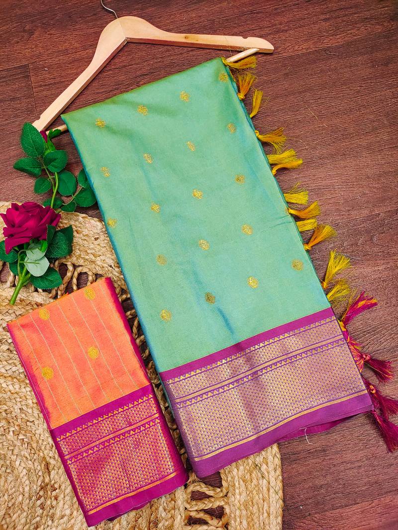 Rama green zari woven silk blend traditional saree with blouse