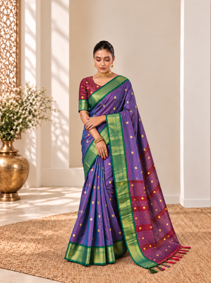 Violet zari woven silk blend traditional saree with blouse 1
