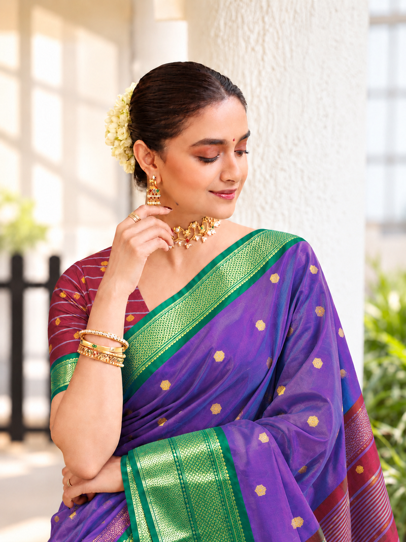 Violet zari woven silk blend traditional saree with blouse