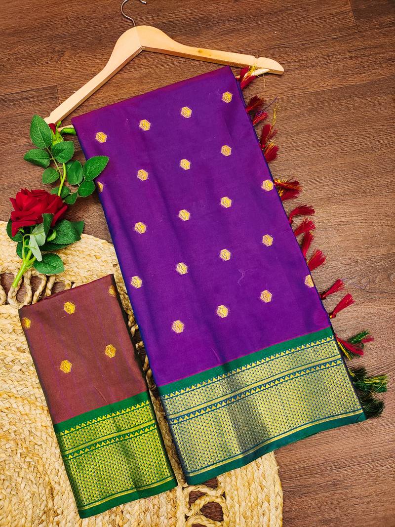 Violet zari woven silk blend traditional saree with blouse