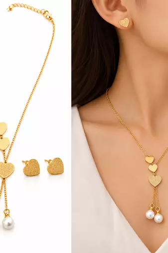 Anti-Tarnish Golden Double Heart Charm Neck Chain with Elegant Pearl Drop Detailing
