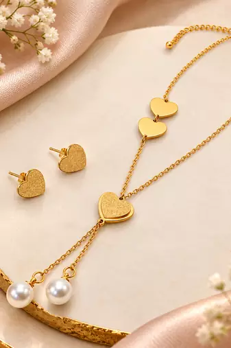 Anti-Tarnish Golden Double Heart Charm Neck Chain with Elegant Pearl Drop Detailing