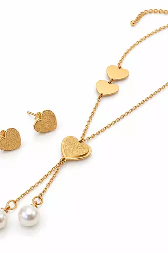 Anti-Tarnish Golden Double Heart Charm Neck Chain with Elegant Pearl Drop Detailing