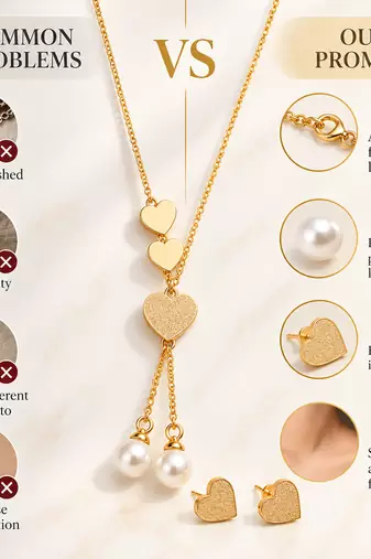 Anti-Tarnish Golden Double Heart Charm Neck Chain with Elegant Pearl Drop Detailing