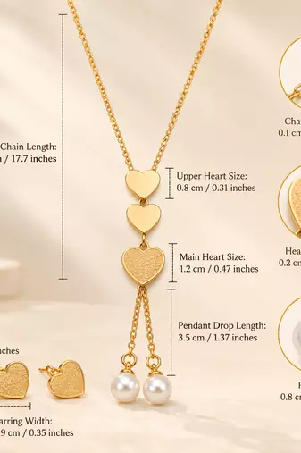 Anti-Tarnish Golden Double Heart Charm Neck Chain with Elegant Pearl Drop Detailing