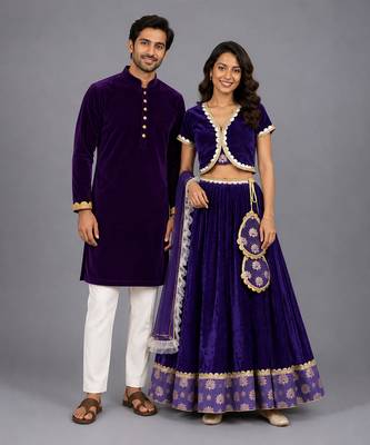 Regal purple embroidered velvet lehenga and kurta couple combo set 1