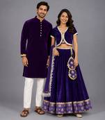 Regal purple embroidered velvet lehenga and kurta couple combo set