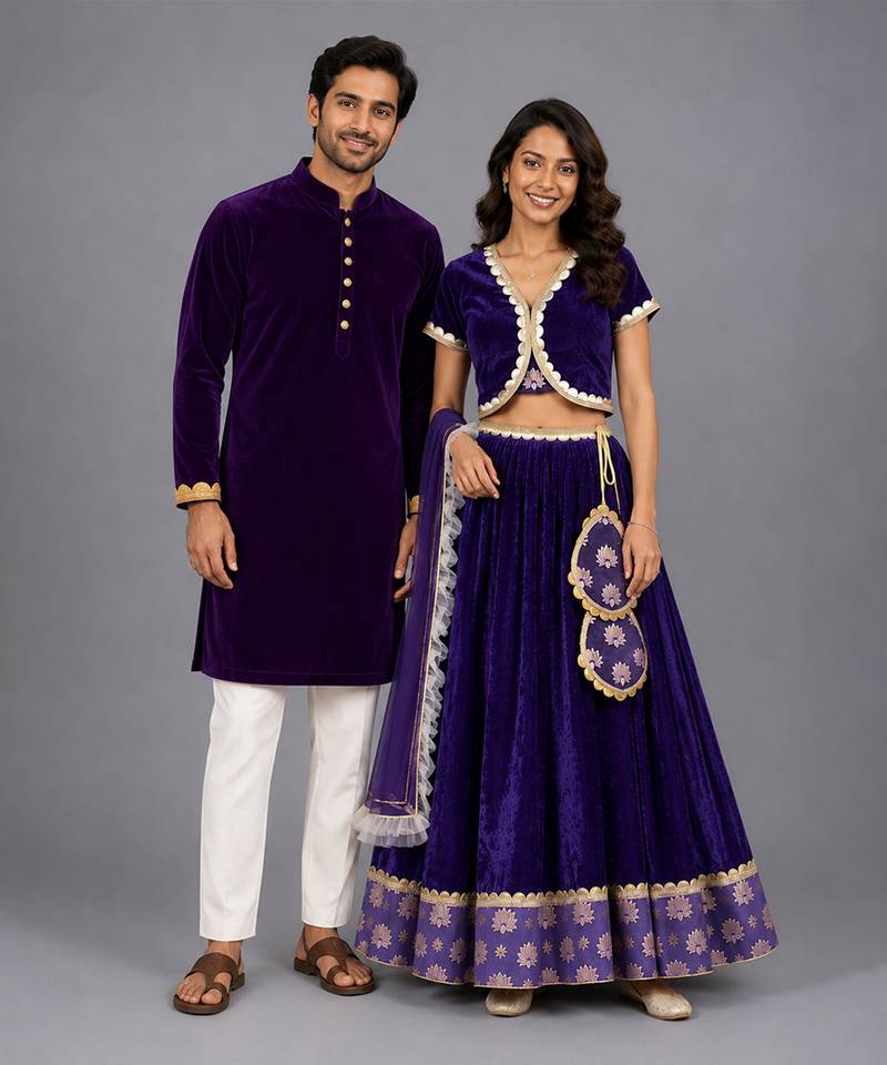 Regal purple embroidered velvet lehenga and kurta couple combo set
