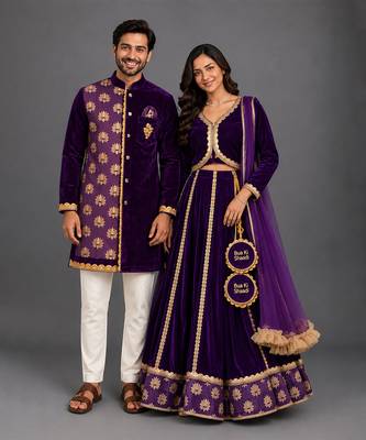 Purple embroidered cotton silk kurta and velvet lehenga couple combo set 1