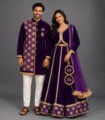 Purple embroidered cotton silk kurta and velvet lehenga couple combo set