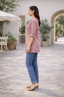 Lavender cotton blend printed short kurtis 3