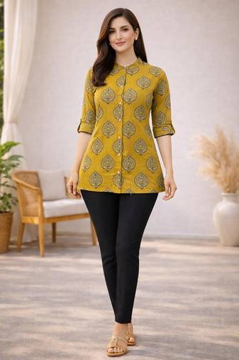 Mustard cotton blend printed short kurtis