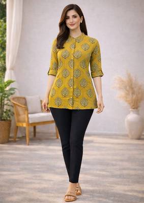 Mustard cotton blend printed short kurtis 5