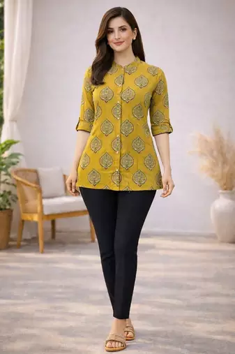 Mustard cotton blend printed short kurtis