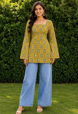 Mustard cotton blend printed short kurtis 1