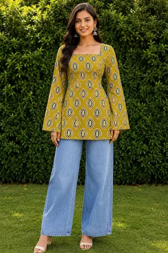 Mustard cotton blend printed short kurtis