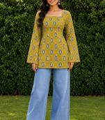 Mustard cotton blend printed short kurtis