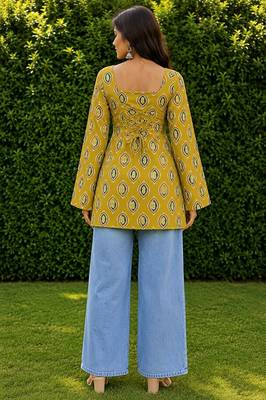 Mustard cotton blend printed short kurtis 2