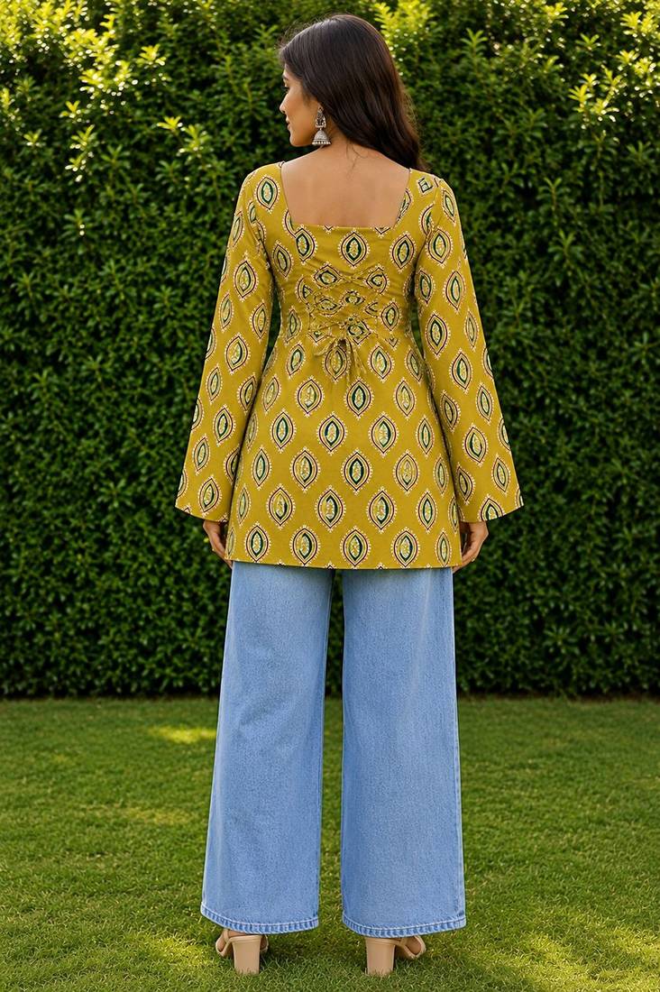 Mustard cotton blend printed short kurtis