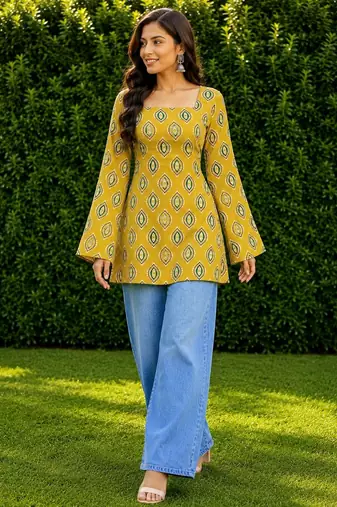 Mustard cotton blend printed short kurtis