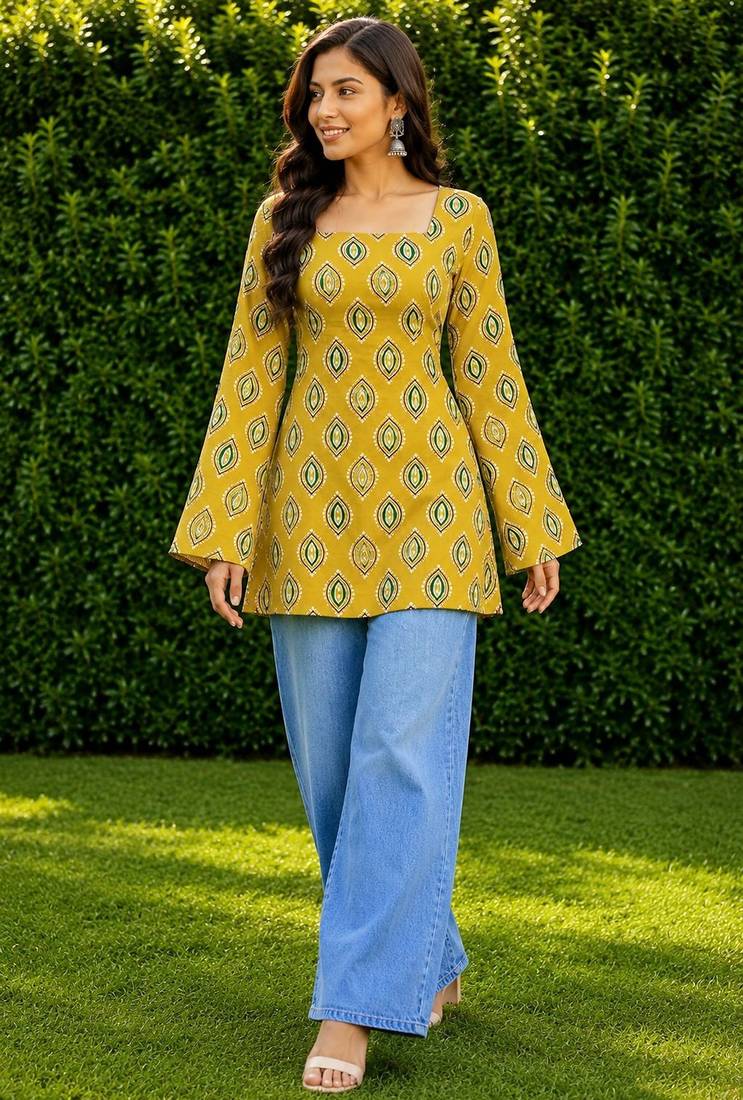Mustard cotton blend printed short kurtis