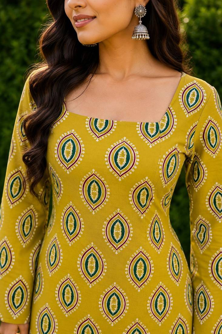 Mustard cotton blend printed short kurtis