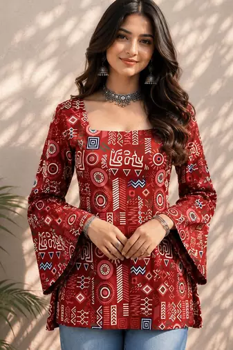 Red cotton blend printed short kurtis