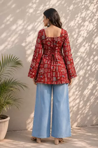 Red cotton blend printed short kurtis