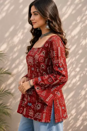 Red cotton blend printed short kurtis