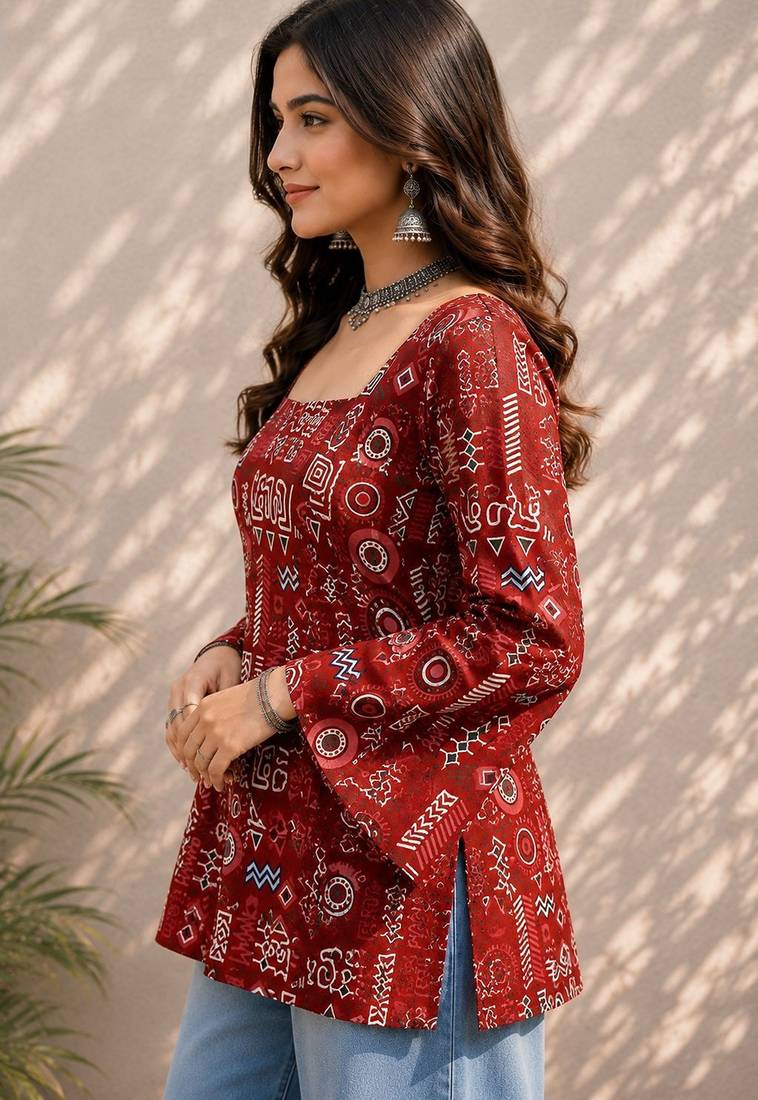 Red cotton blend printed short kurtis