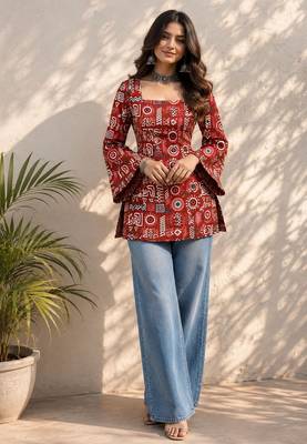 Red cotton blend printed short kurtis 4